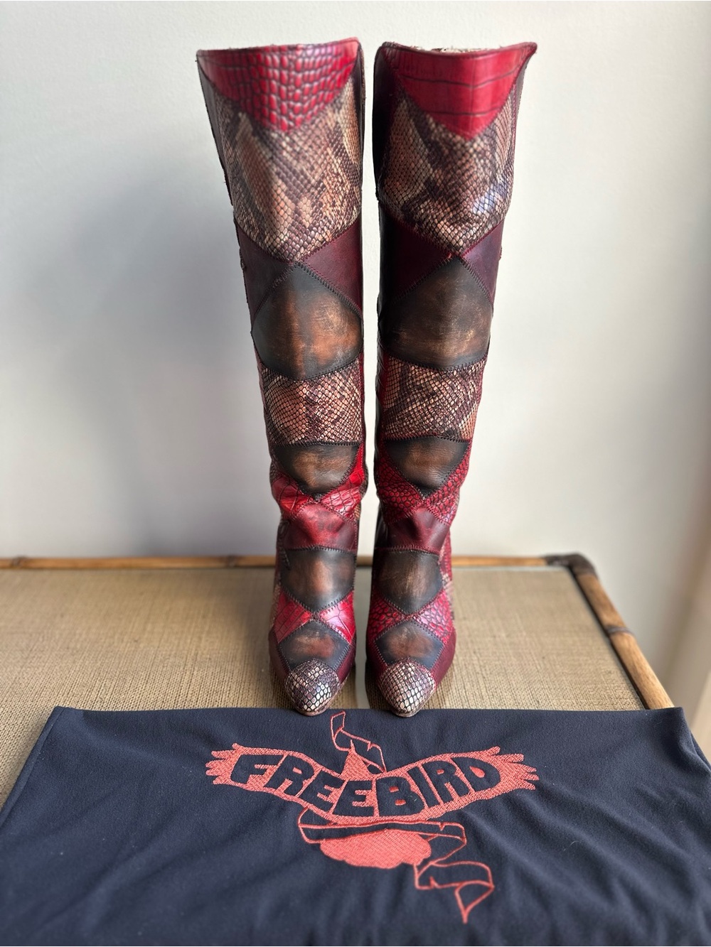 Freebird by Steven Red and Brown Patchwork Over-the-Knee Boots